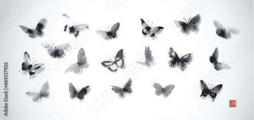 Ink wash painting of butterflies in japanese sumi-e style on white background.Translation of hieroglyph - joy