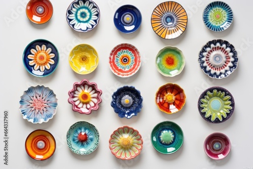 a collage of colorful ceramic plates mounted on a white wall