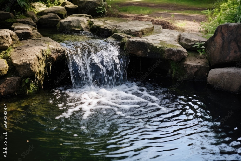 Fototapeta premium water tumbling from a small stone waterfall into a pond