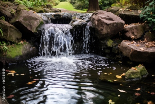 water tumbling from a small stone waterfall into a pond