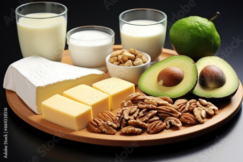 full-fat dairy products  avocados  and nuts on a platter