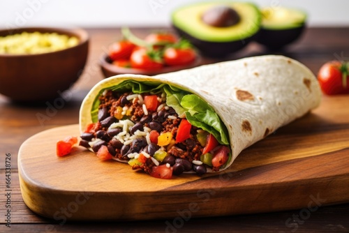 vegan taco filled with black beans and avocado on a wooden board
