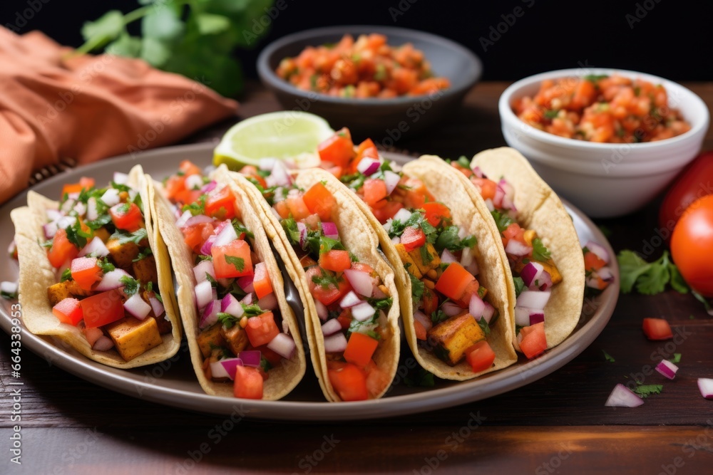 platter of vegan tacos with sweet potato, corn, and pico de gallo platter of vegan tacos with sweet potato, corn, and pico de gallo