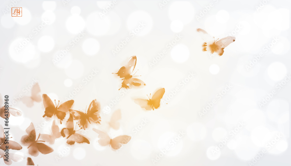 Minimalist ink painting of  butterflies on white glowing background. Traditional Japanese ink wash painting sumi-e. Translation of hieroglyph - joy