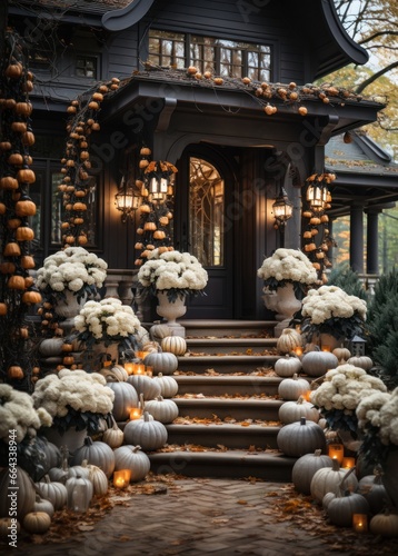 Halloween pumpkins jack o' lanterns, flowers and decor on front porch, staircase, exterior home decor, seasonal decorations
