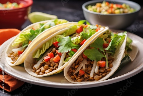 vegan tacos with lentils, lettuce, and bell peppers on a ceramic plate