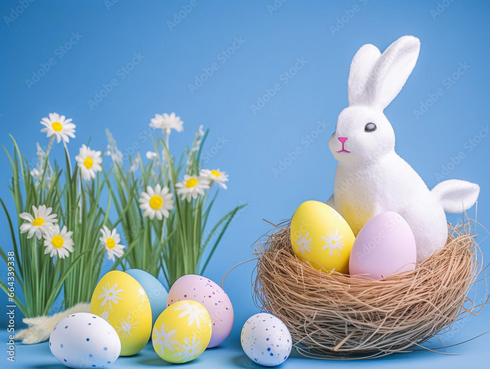 Cute rabbit toy and colorful painted easter eggs. Concept of happy easter day. Cute rabbit toy and colorful painted easter eggs. Concept of happy easter day.
