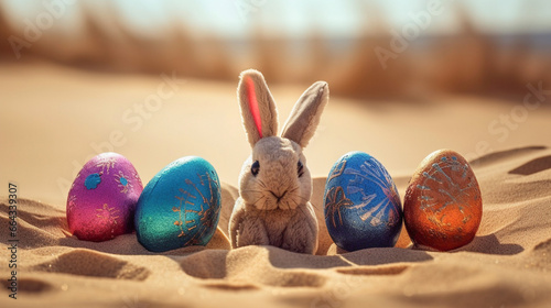 Cute rabbit toy and colorful painted easter eggs at the beach. Shallow depth of field. Concept of happy easter day. photo