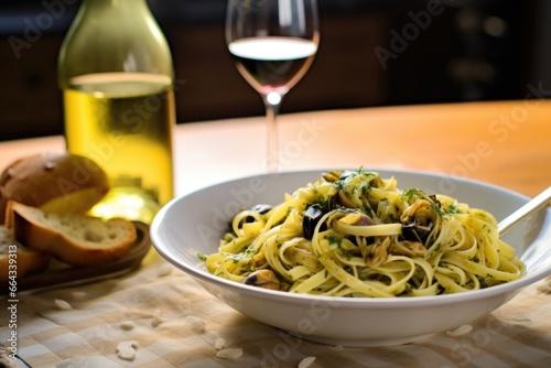 portugals vinho verde near dish of clam linguine