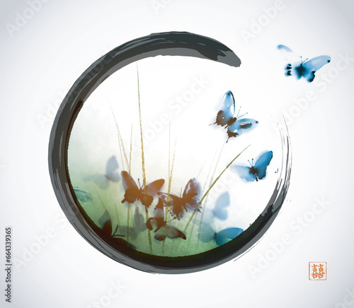 Ink painting with blue butterflies in the grass in in black enso zen circle on white background. Traditional Japanese ink wash painting sumi-e. Hieroglyph - double luck.