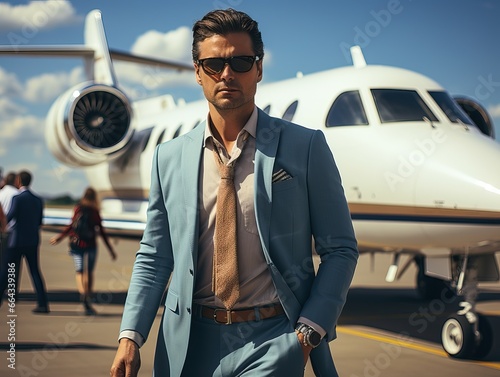 Young Businessman on Vacation by His Business Jet