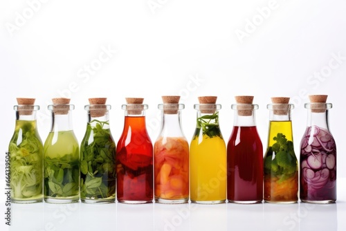 different vegetable juices in small bottles against a white background