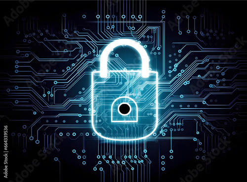 Lock in centre of circuit pattern. Concept of data security, cybersecurity, encryption, etc.