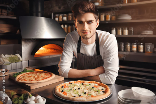 pizzaiolo en train de préparer une pizza devant son four à bois dans sa pizzeria