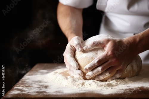 bakers hands kneading bread dough in bakery