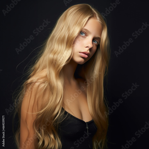 portrait studio fond noir d'une jeune fille blonde aux cheveux longs