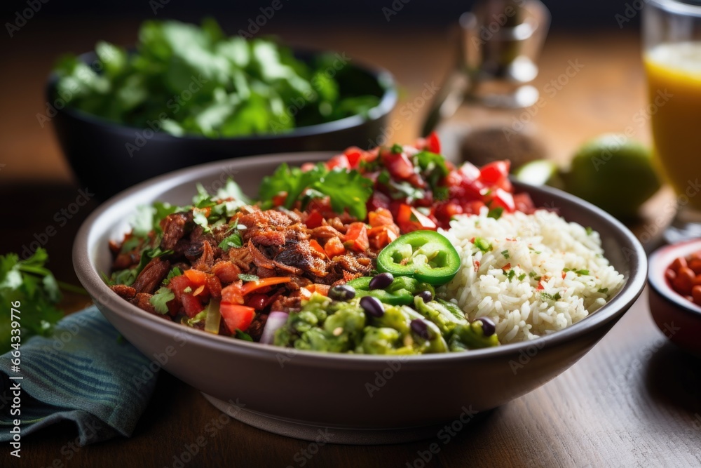 delicious burrito bowl with a side of hot chili peppers delicious burrito bowl with a side of hot chili peppers