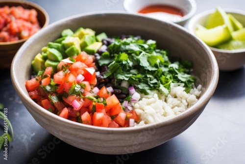 veggie burrito bowl with pico de gallo and chili sauce