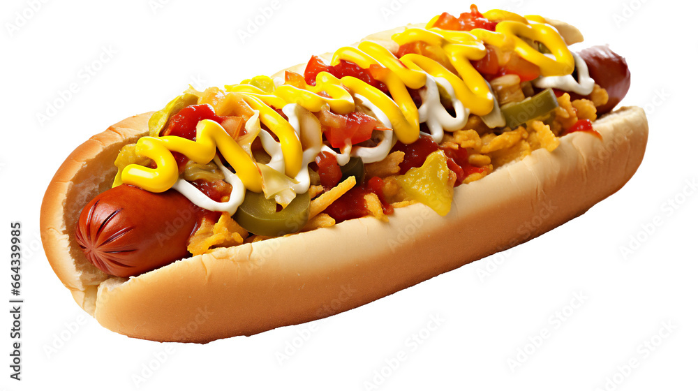 Delicious Hot Dog with Ketchup, Mustard and toppings, on transparent png. Ai generative. Delicious Hot Dog with Ketchup, Mustard and toppings, on transparent png. Ai generative.