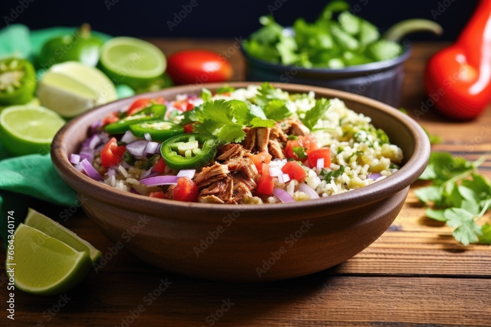 mexican inspired burrito bowl with green peppers on wood mexican inspired burrito bowl with green peppers on wood