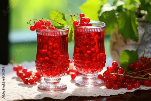Fresh red currants in glasses on wooden table. Diet juicy currant. Generate Ai