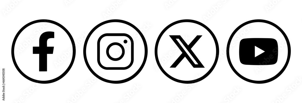 facebook , instagram , twitter X, youtube logo icon with circle outline