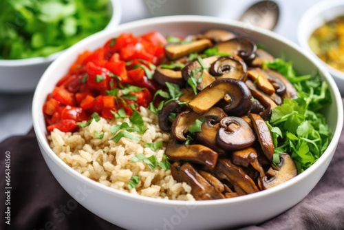close-up of a burrito bowl with brown rice and mushrooms