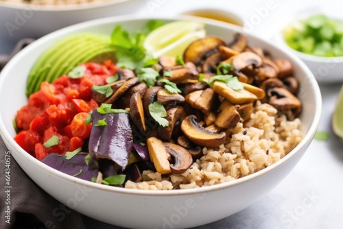 close-up of a burrito bowl with brown rice and mushrooms