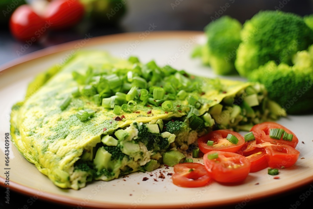 chopped broccoli in a green-hued veggie omelette chopped broccoli in a green-hued veggie omelette