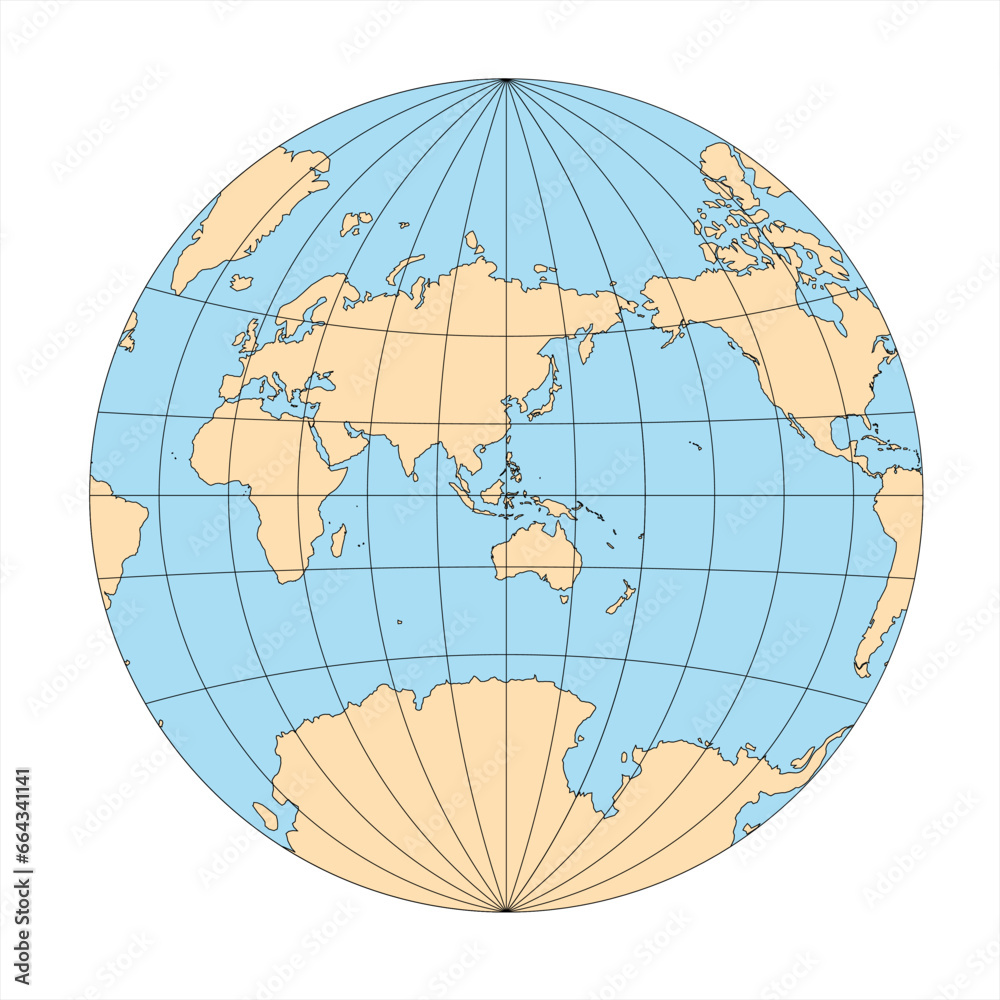 Poster Simplified Map of World in the circle focused on Asia and ...