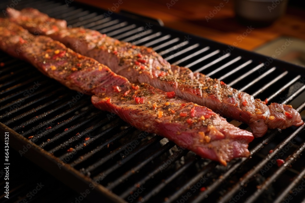 strips of medium-rare steak grilling for fajitas