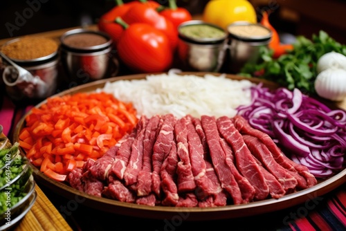 dishing up colorful pepper strips, onions, and beef fajita