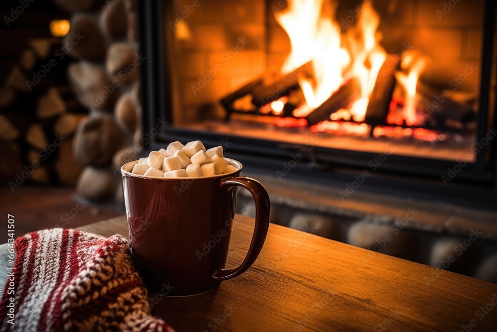 hot chocolate beside a fireplace, no flames visible - obrazy, fototapety, plakaty 