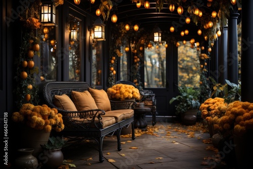 Halloween pumpkins jack o' lanterns, flowers and decor on house exterior, home decor, seasonal autumn decorations