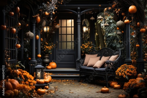 Halloween pumpkins jack o  lanterns  flowers and decor on house exterior  home decor  seasonal autumn decorations