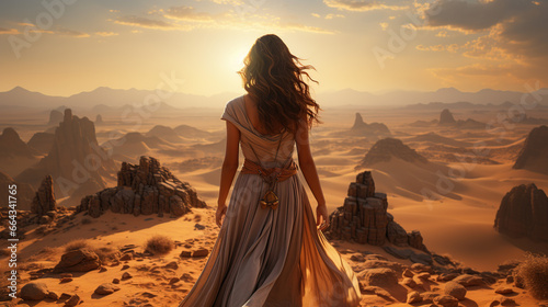 A woman in dress walks in the desert amidst a strong wind and sunset