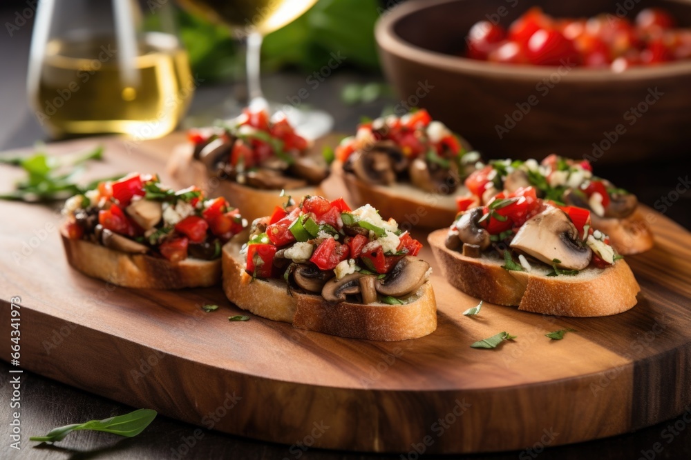 fresh out of the oven mushroom bruschetta served on a board
