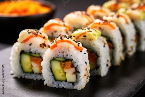 close-up of sushi rolls featuring shrimp and cucumber