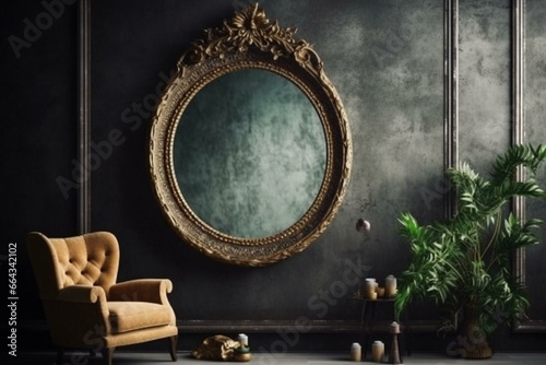 Old vintage mirror in gold frame with a rustic style. Home decoration made of glass with graphic art. Generative AI