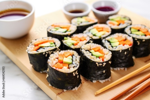 veggie sushi rolls near a small bowl of soy sauce