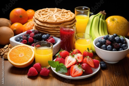 pancakes surrounded by an assortment of fresh fruits