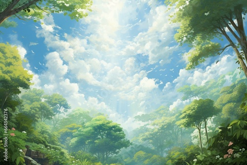 An artwork depicting a heavenly canopy featuring fluffy clouds and lush vegetation. Generative AI