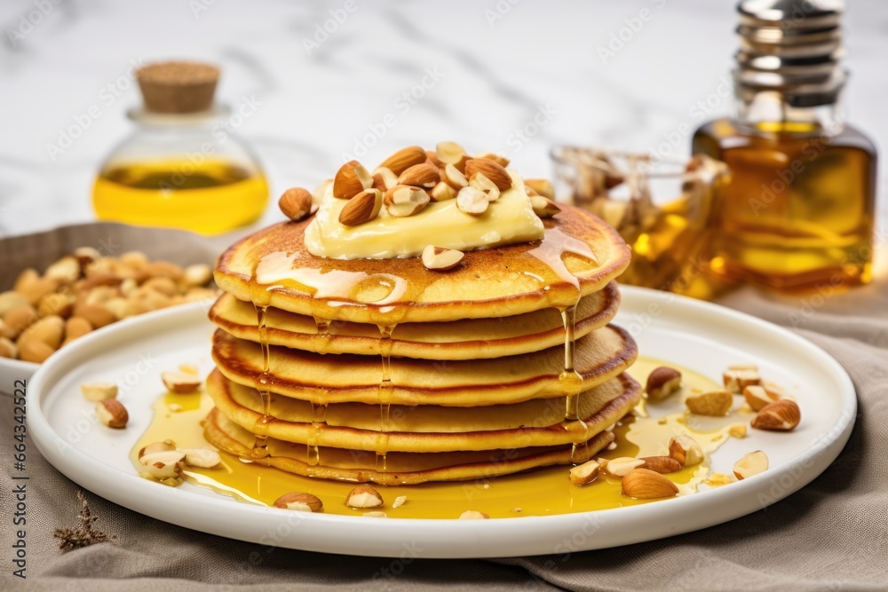pancakes topped with golden pats of butter and nuts pancakes topped with golden pats of butter and nuts