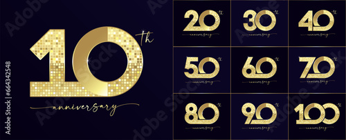 Set of anniversary pixel digits logo with golden handwriting for celebration event. Luxury gold vector numbers from 10 to 100 for a birthday, wedding or event anniversary invitation photo