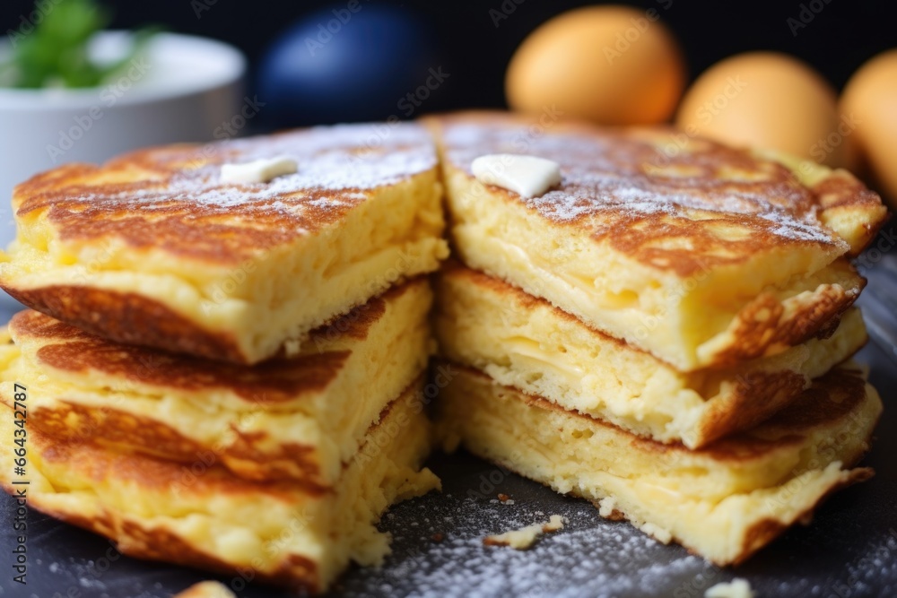 pancakes cut into pieces, revealing fluffy inside pancakes cut into pieces, revealing fluffy inside