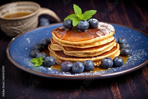 pancakes garnished with blueberries on a blue plate