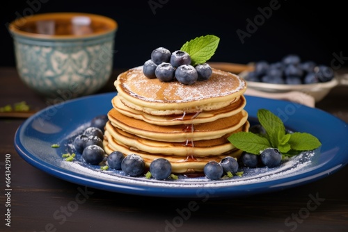 pancakes garnished with blueberries on a blue plate