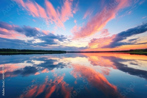 clouds reflecting in a calm lake at sunset