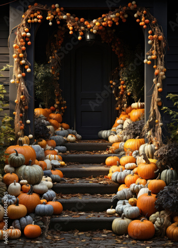 Halloween autumn wreath on black front door and autumn flower pot arrangements on steps