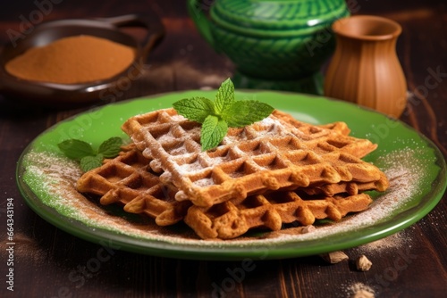 waffles with crumbled cinnamon on a green ceramic plate